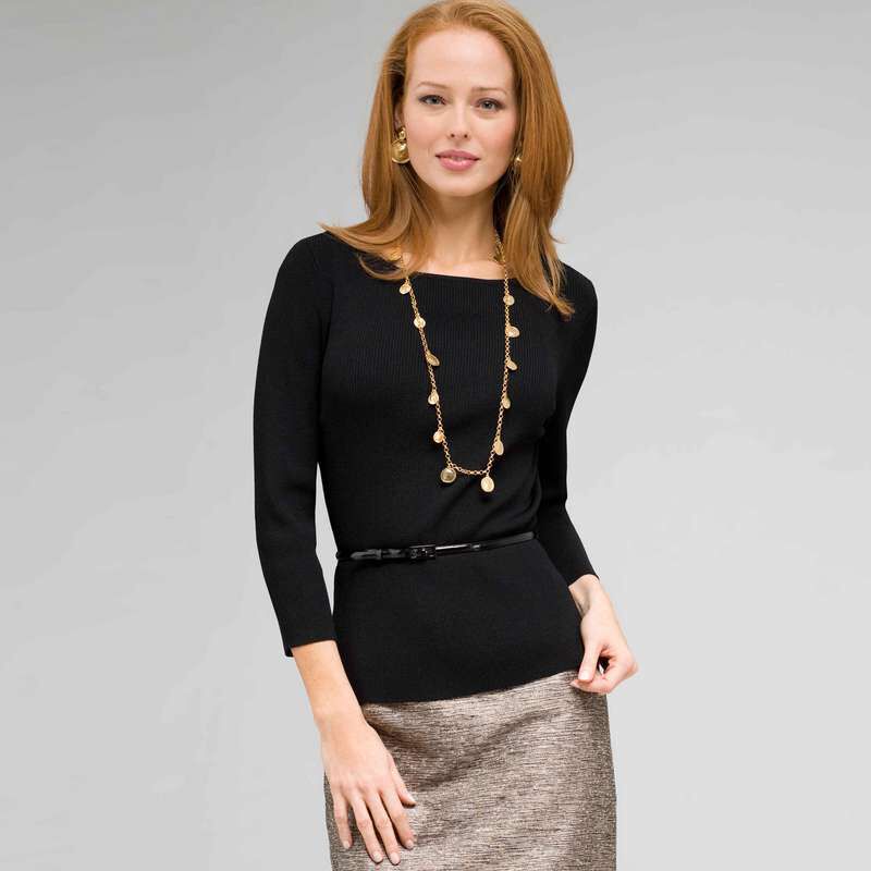Belted Ribbed Boat Neck Sweater, Black, large